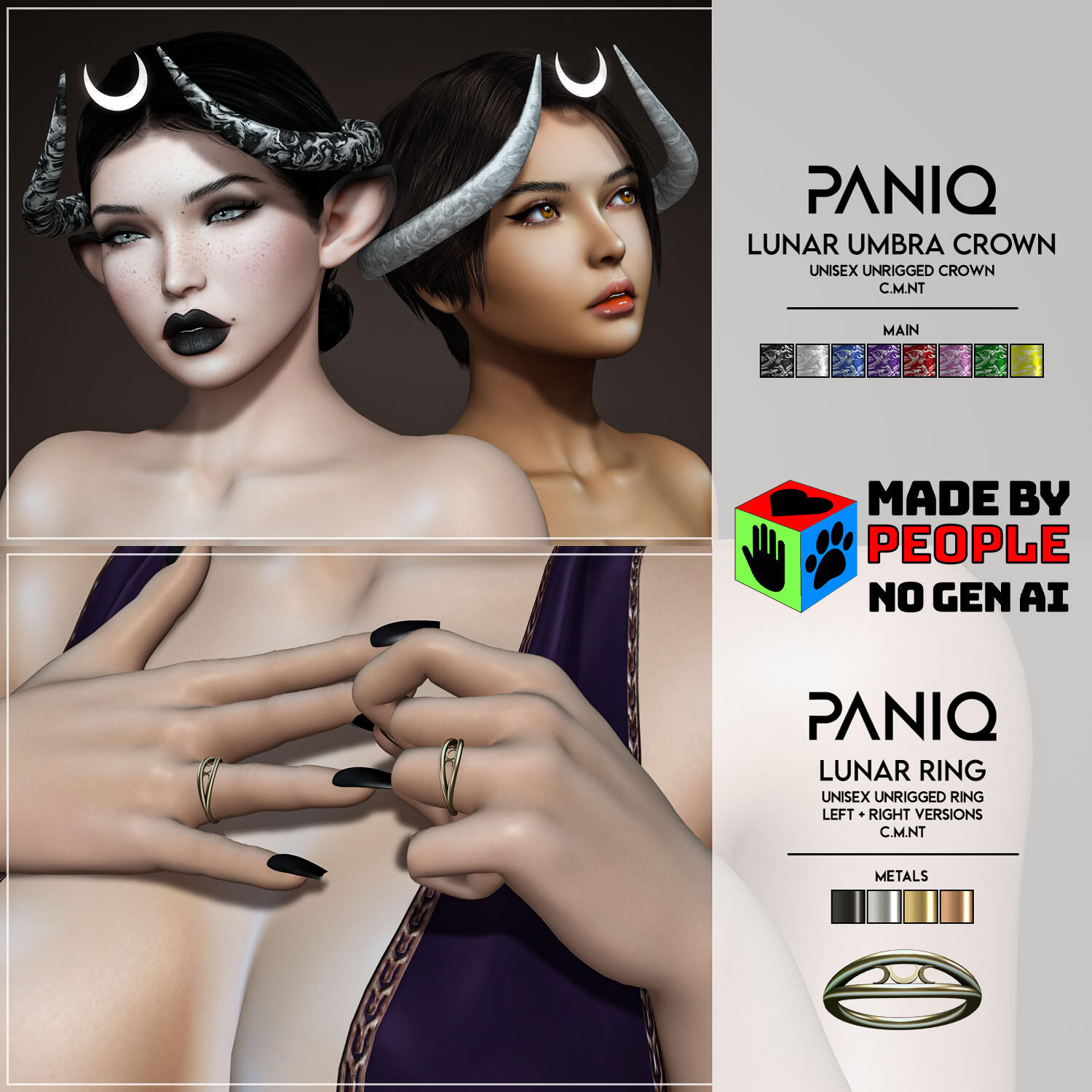 PANIQ - 50% discounts on previous releases for the lunar obsessed! An unrigged crown with eight textures and tintable crescent, and an unrigged left and right handed ring with four textures, both copy/mod to suit your needs.
