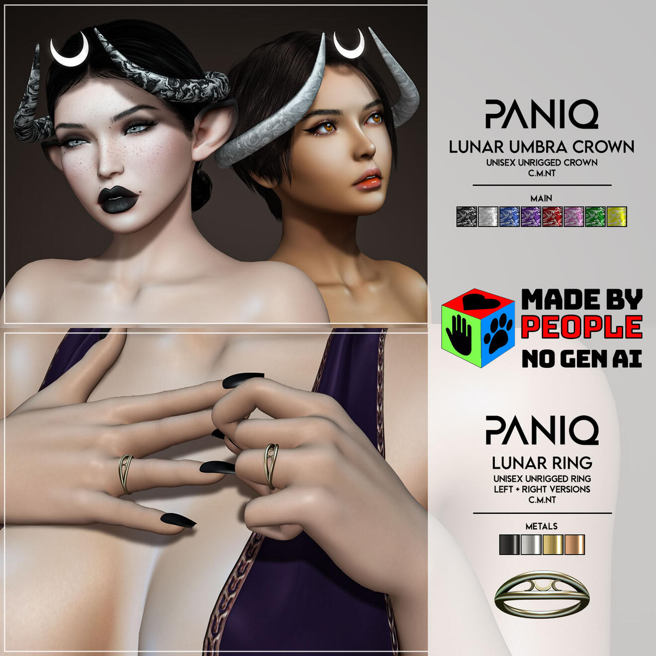 PANIQ - 50% discounts on previous releases for the lunar obsessed! An unrigged crown with eight textures and tintable crescent, and an unrigged left and right handed ring with four textures, both copy/mod to suit your needs.